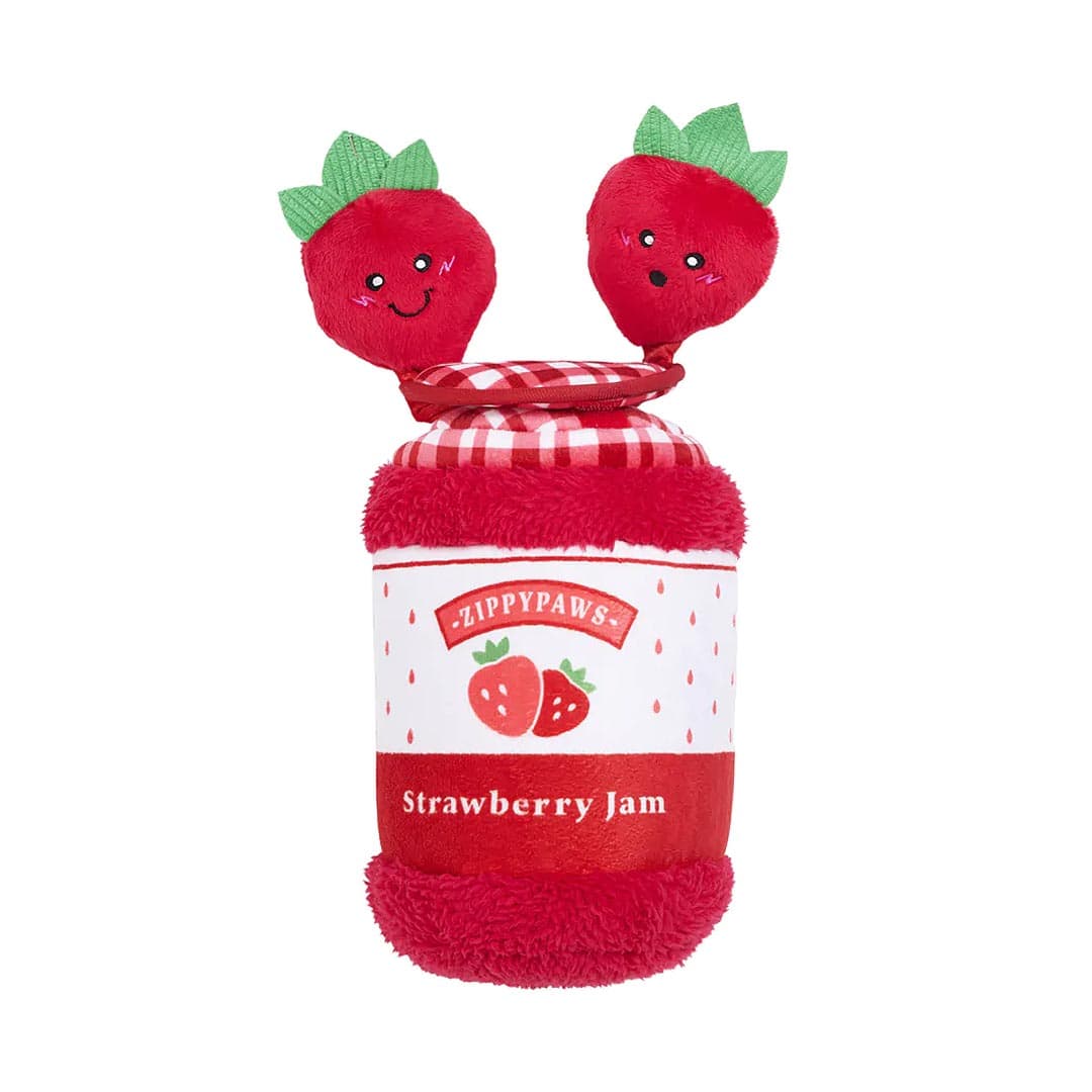 ZippyPaws Bungee Burrow interactief hondenspeelgoed en intelligentiespel – aardbeienjam pot met elastisch bungeekoord & Strawberry Miniz knuffels met piepers