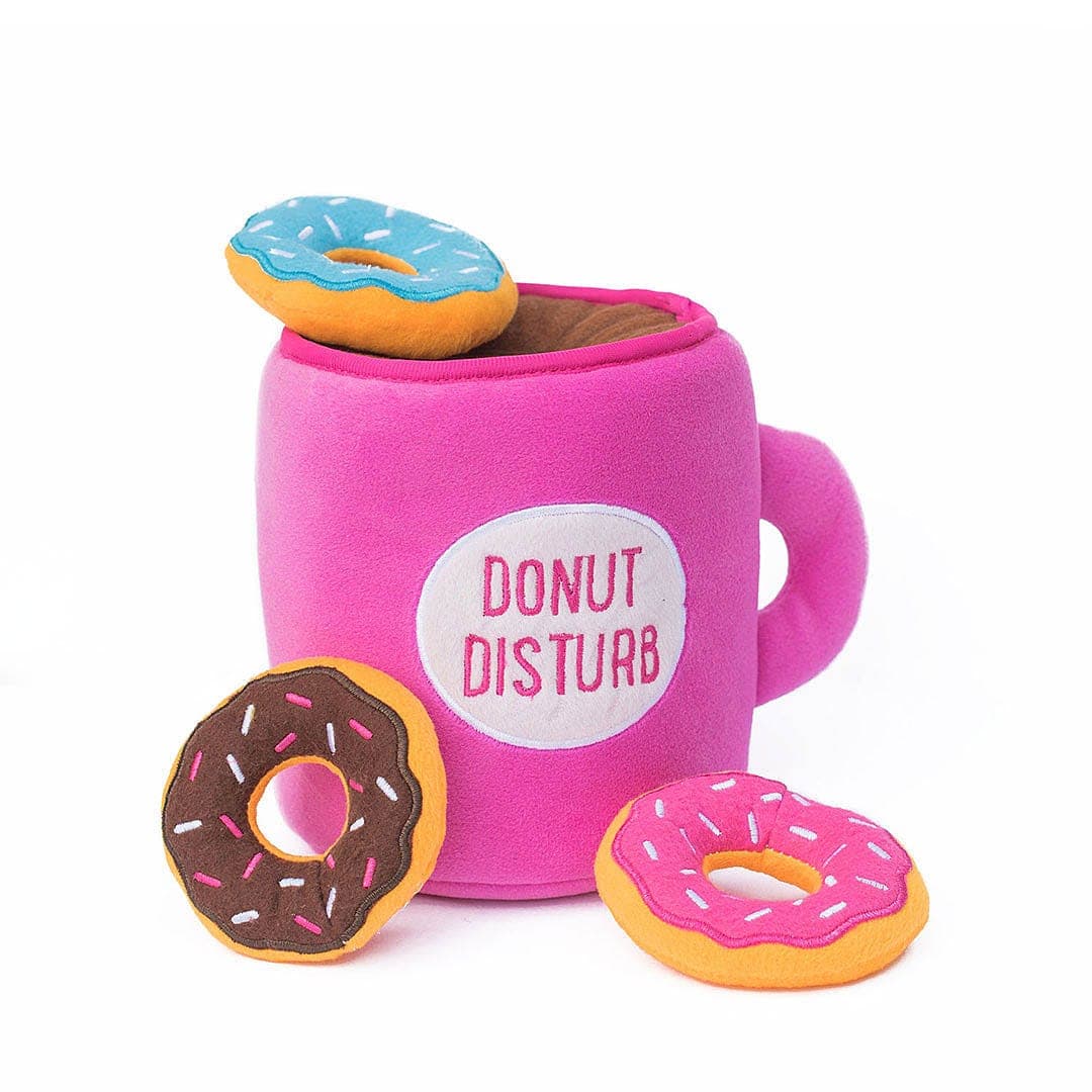 ZippyPaws Zippy Burrow Coffee and Donutz – interactief snuffel- en verstopspeelgoed voor honden, pluche koffiemok met drie losse, piepende donuts in roze, blauw en bruin
