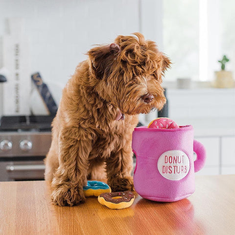 Hond samen met de ZippyPaws Zippy Burrow Coffee and Donutz – interactief snuffel- en verstopspeelgoed voor honden, pluche koffiemok met drie losse, piepende donuts in roze, blauw en bruin