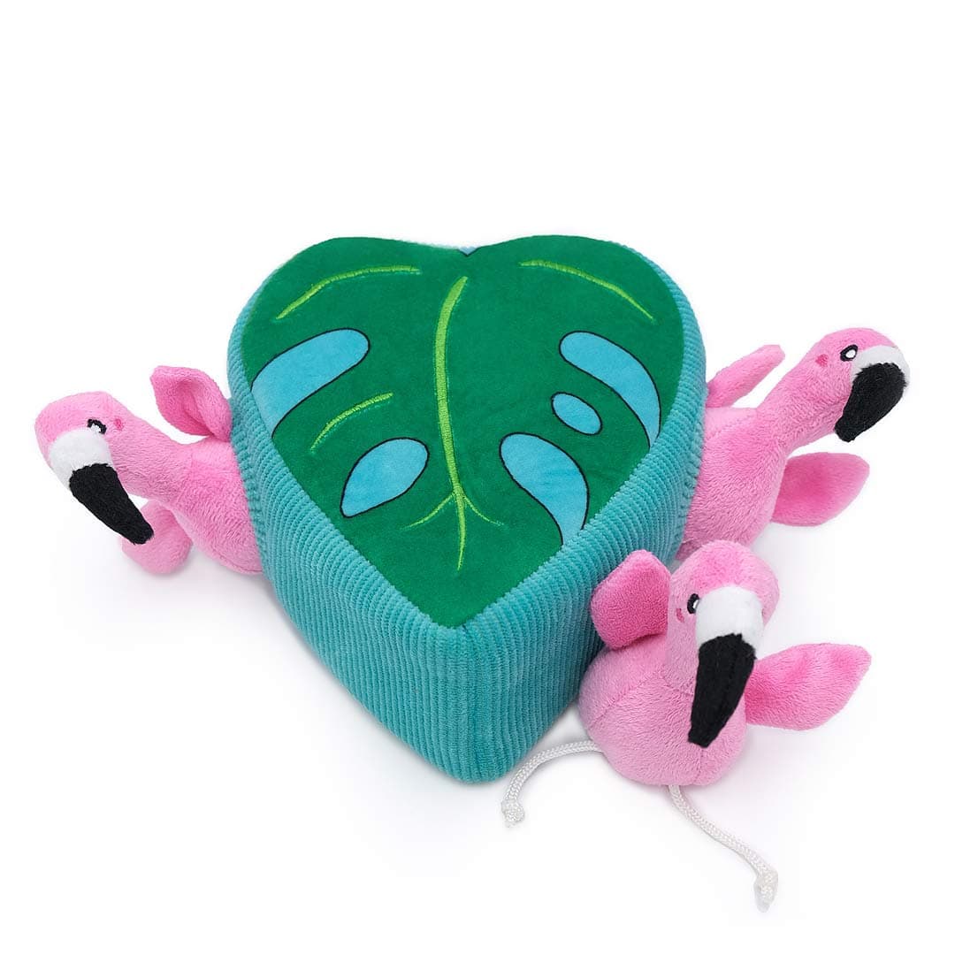 ZippyPaws Zippy Burrow Flamingos in Monstera – interactief snuffel- en verstopspeelgoed voor honden, pluche Monstera-blad met drie piepende roze flamingo’s