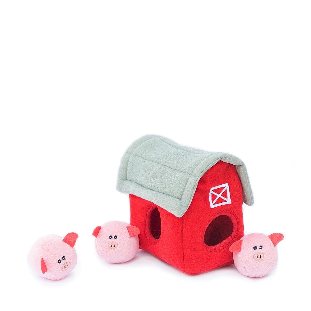 ZippyPaws Zippy Burrow Pig Barn with Bubble Babiez – interactief snuffel- en verstopspeelgoed voor honden, pluche schuur met drie losse, piepende biggetjes