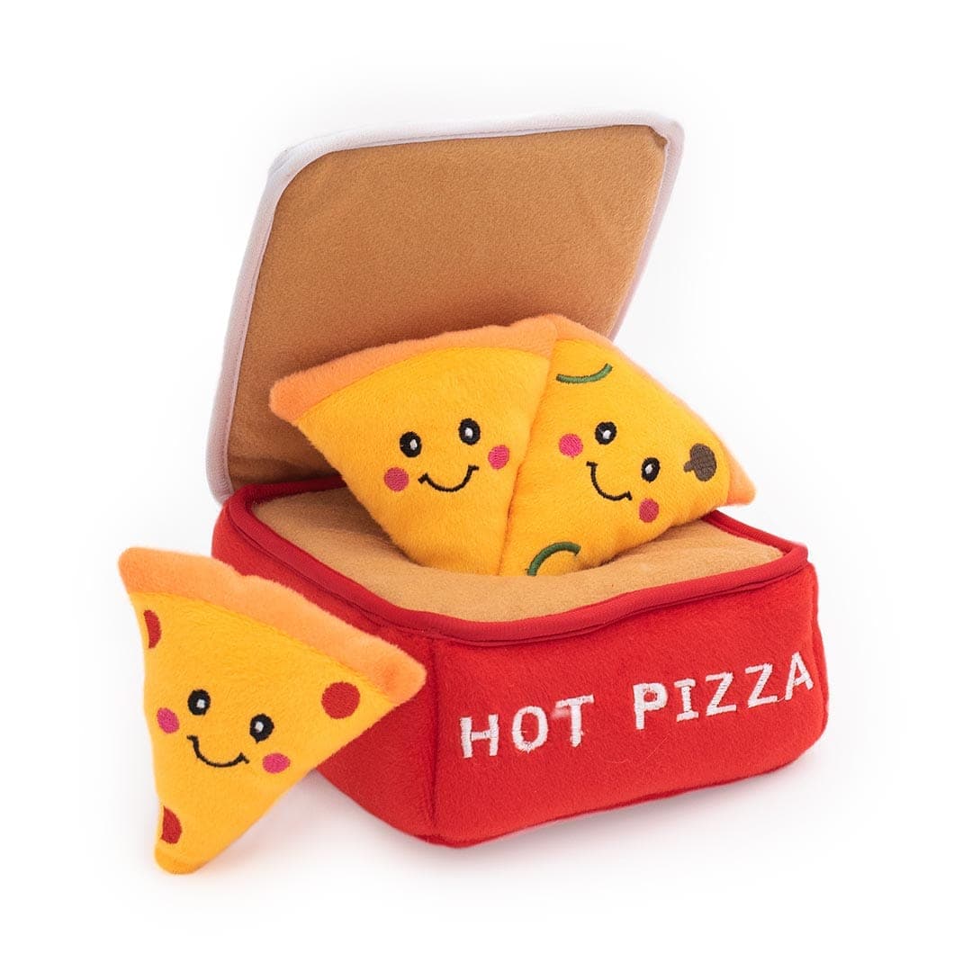 ZippyPaws Zippy Burrow – Pizza Box – interactief snuffel- en verstopspeelgoed voor honden, pluche rode pizzadoos met drie piepende pizzapunten met toppings