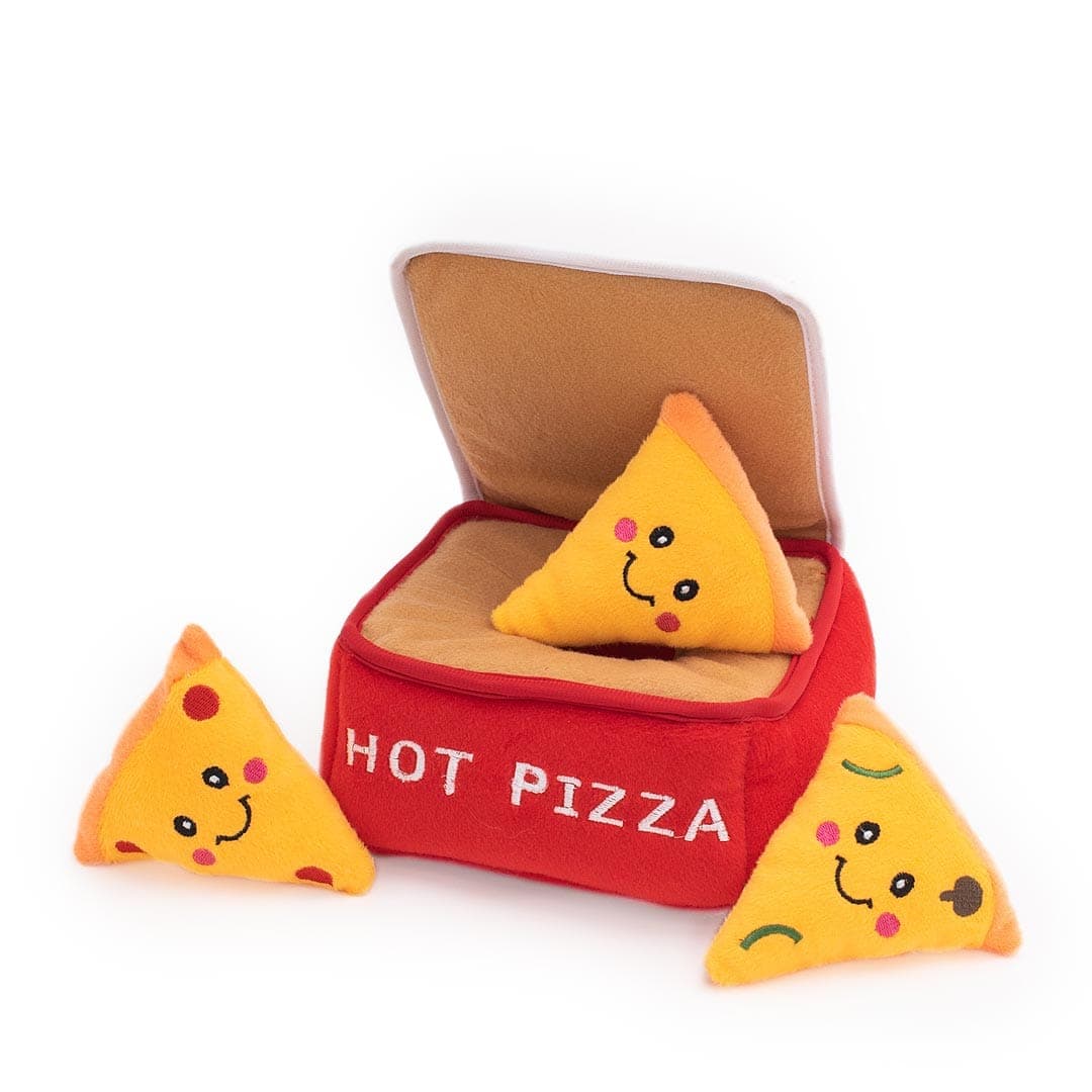 ZippyPaws Zippy Burrow – Pizza Box – interactief snuffel- en verstopspeelgoed voor honden, pluche rode pizzadoos met drie piepende pizzapunten met toppings