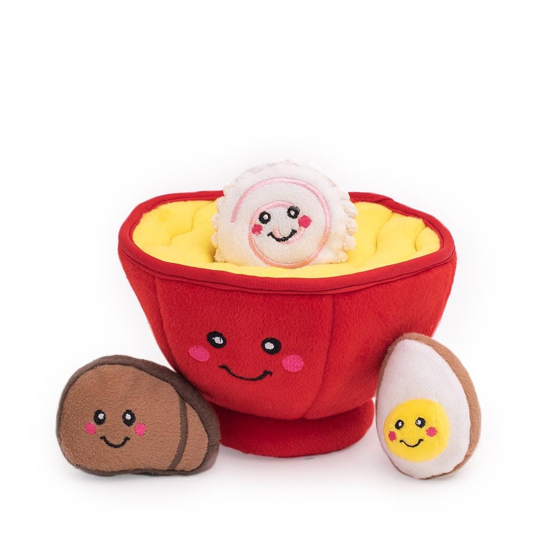 ZippyPaws Zippy Burrow Ramen Bowl – interactief snuffel- en verstopspeelgoed voor honden, pluche ramenkom met drie zachte, piepende ramen-Miniz (narutomaki, stukje vlees en half eitje)