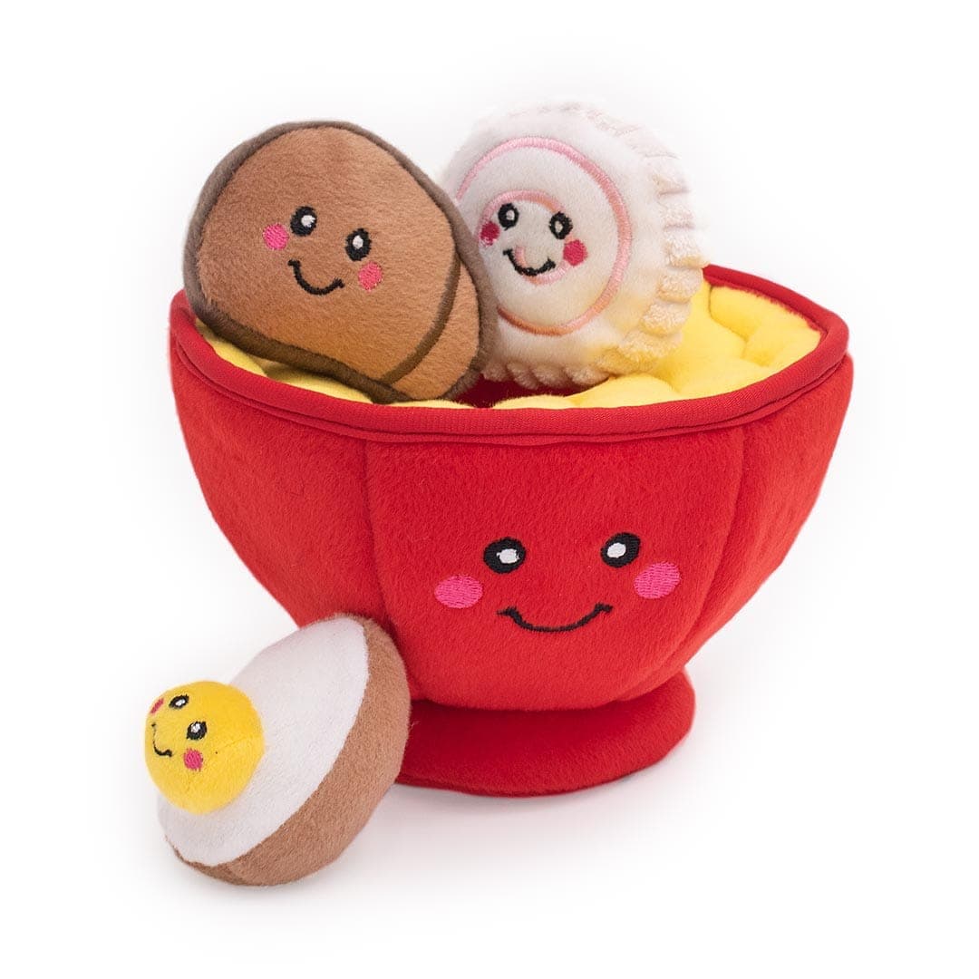 ZippyPaws Zippy Burrow Ramen Bowl – interactief snuffel- en verstopspeelgoed voor honden, pluche ramenkom met drie zachte, piepende ramen-Miniz (narutomaki, stukje vlees en half eitje)