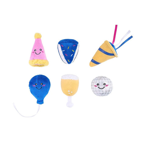 ZippyPaws Miniz 6-Pack Party Time – set van 6 pluche hondenspeeltjes met pieper (discobal, ballon, taartpunt, champagne, feesthoed en party popper)