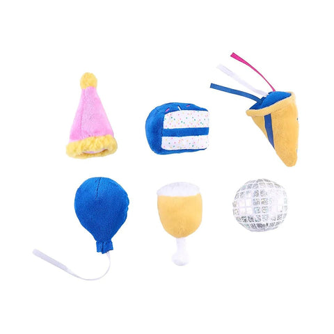 ZippyPaws Miniz 6-Pack Party Time – set van 6 pluche hondenspeeltjes met pieper (discobal, ballon, taartpunt, champagne, feesthoed en party popper)