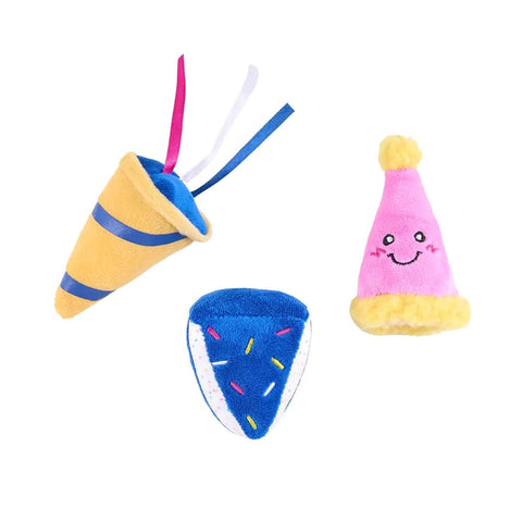 ZippyPaws Miniz 6-Pack Party Time – 3 van de 6 pluche hondenspeeltjes met pieper (party popper, taartpunt en feesthoed)