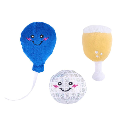 ZippyPaws Miniz 6-Pack Party Time – 3 van de 6 pluche hondenspeeltjes met pieper (ballon, discobal en champagne)