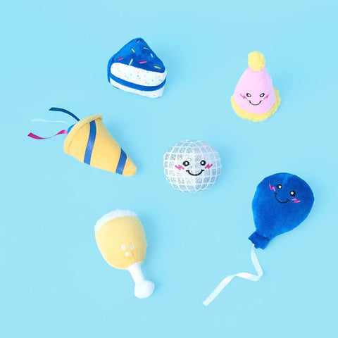 ZippyPaws Miniz 6-Pack Party Time – set van 6 pluche hondenspeeltjes met pieper (discobal, ballon, taartpunt, champagne, feesthoed en party popper)