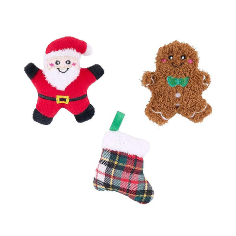 ZippyPaws Miniz 6-Pack Holiday Cheer – 3 van de 6 pluche hondenspeeltjes met pieper (kerstman, peperkoekmannetje en kerstsok)