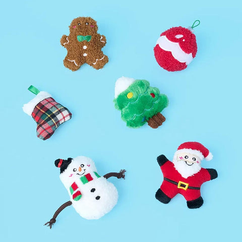 ZippyPaws Miniz 6-Pack Holiday Cheer – set van 6 pluche hondenspeeltjes met pieper (kerstman, kerstsok, peperkoekmannetje, kerstboom, sneeuwpop en kerstbal)