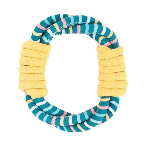 ZippyPaws Razzle Rope Ring – rond hondenspeeltje van kleurrijk touw met felgele accenten en een opvallende zigzagprint, geschikt voor trekspelletjes, apporteren en solo vermaak