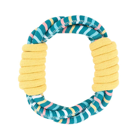 ZippyPaws Razzle Rope Ring – rond hondenspeeltje van kleurrijk touw met felgele accenten en een opvallende zigzagprint, geschikt voor trekspelletjes, apporteren en solo vermaak
