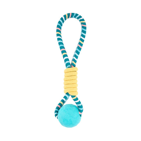 ZippyPaws Razzle Rope Tugger – vrolijk gekleurd hondenspeeltje in de vorm van een speeltouw met een lusvormig handvat en een stevige blauwe rubberen bal in het midden, geschikt voor trekspelletjes en apporteren