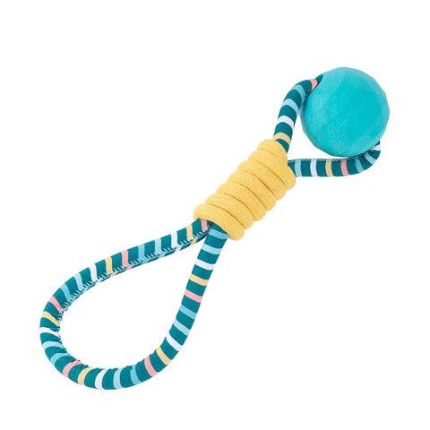 ZippyPaws Razzle Rope Tugger – vrolijk gekleurd hondenspeeltje in de vorm van een speeltouw met een lusvormig handvat en een stevige blauwe rubberen bal in het midden, geschikt voor trekspelletjes en apporteren