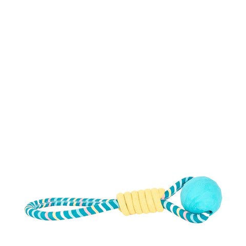 ZippyPaws Razzle Rope Tugger – vrolijk gekleurd hondenspeeltje in de vorm van een speeltouw met een lusvormig handvat en een stevige blauwe rubberen bal in het midden, geschikt voor trekspelletjes en apporteren