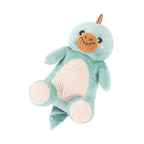 ecoZippy Dinoz Stegosaurus duurzaam hondenspeeltje – liggend pluche dinosaurus speeltje met corduroy buik
