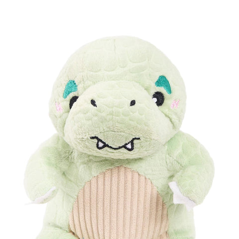 ecoZippy Dinoz T-Rex pluche hondenspeeltje – close-up van het lachende dino gezicht en zachte stof