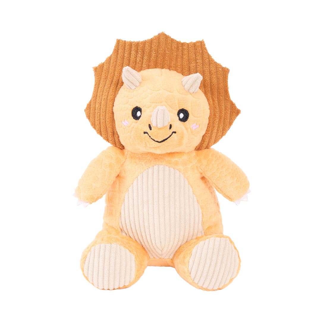 ecoZippy Dinoz Triceratops hondenspeeltje – pluche dino met corduroy buik, pieper en knisperstaart