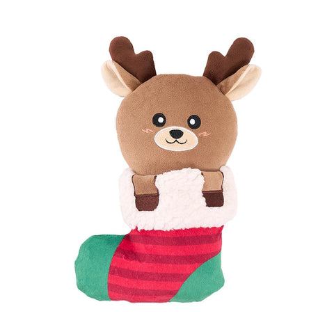ecoZippy Holiday Stocking Reindeer hondenspeeltje – pluche kerst rendier in kerstsok met pieper en knispergeluid