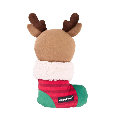 ecoZippy Holiday Stocking Reindeer duurzaam hondenspeelgoed – achterkant van pluche kerstsok met rendier design