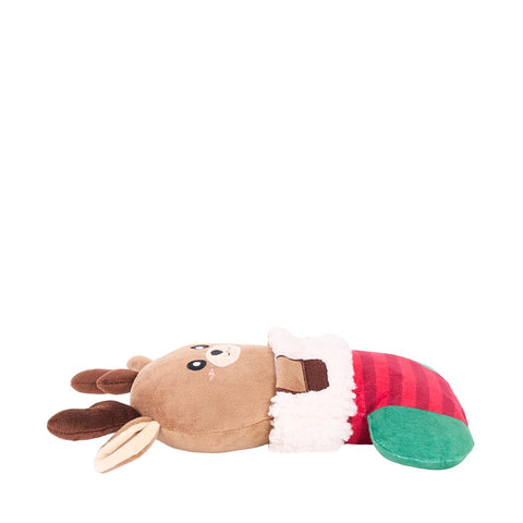 ecoZippy Holiday Stocking Reindeer hondenspeeltje kerst – liggend pluche rendier met pieper en knispermateriaal in de sok