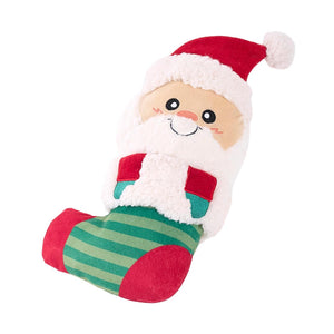 ecoZippy Holiday Stocking Santa pluche kerstspeeltje voor honden – kerstman in rood-groene sok met zachte rand en geborduurde details