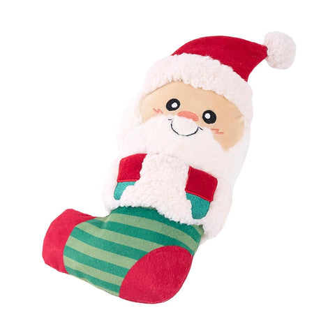 ecoZippy Holiday Stocking Santa pluche kerstspeeltje voor honden – kerstman in rood-groene sok met zachte rand en geborduurde details