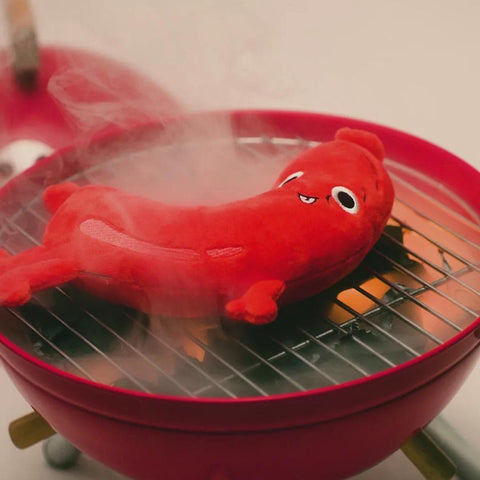Video van FuzzYard FuzzYard Meat Head Brad Wurst – pluche hondenspeeltje dat 'gebakken' wordt op de BBQ, uniek en duurzaam speelgoed voor honden